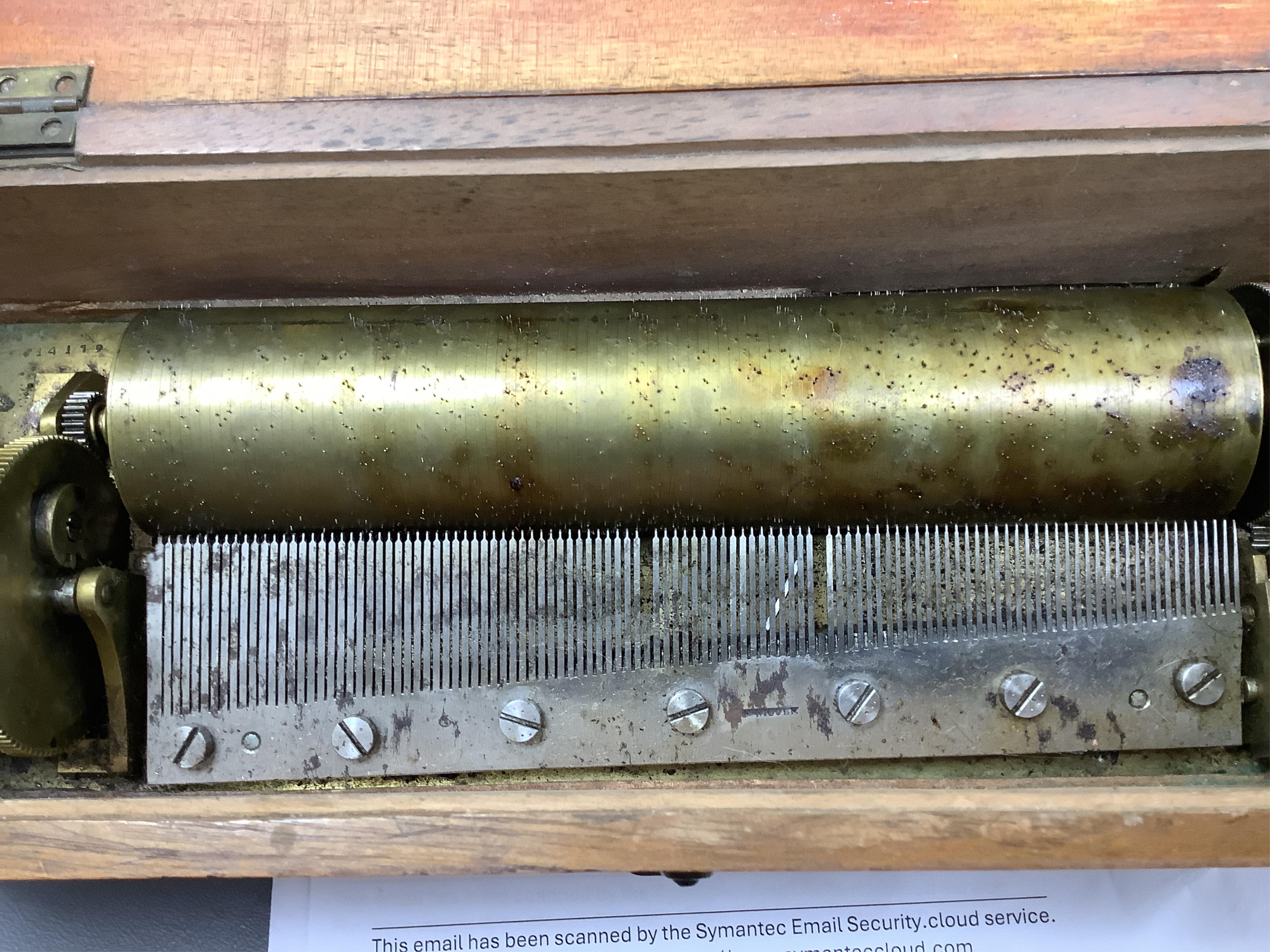 An early F. Nicole key-wound four-air Swiss cylinder box, number 14179, in mahogany case, cylinder length 19.5cm, case length 32cm.